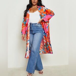 Boohoo | Multicolor Floral Duster Maxi Kimono Cardigan Vibrant Orange & Pink 20